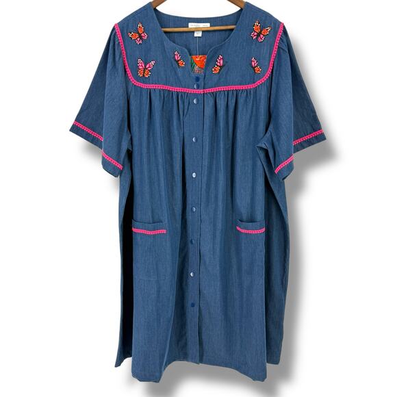 Go Softly Denim Embroidered Butterfly Patio Dress Sz Small Easy Snap Kaftan - Picture 1 of 9